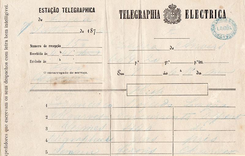 0113.jpg -     Lote:    113      J. M. Castanheira da Silveira             Descrição:         Carimbos da telegrafia elétrica. Telegrama datado de 07.07.75 de Espanha para Lagoa, obliterado com carimbo batido a azul "TELEGRAPHIA ELÉCTRICA / LAGOA".         TLG       Valor Base:     &euro; 15,00     Valor Venda:     &euro;      