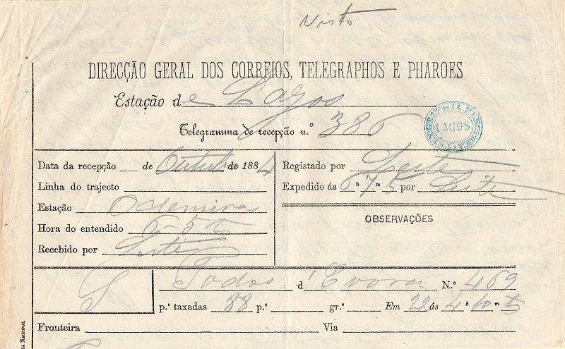 0114.jpg -     Lote:    114      J. M. Castanheira da Silveira             Descrição:         Carimbos da telegrafia elétrica. Telegrama datado de ??.10.84 de Odemira para Lagos, obliterado com carimbo batido a azul "TELEGRAPHIA ELÉCTRICA / LAGOS".         TLG       Valor Base:     &euro; 12,00     Valor Venda:     &euro;      
