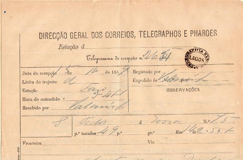 0115.jpg -     Lote:    115      J. M. Castanheira da Silveira             Descrição:         Carimbos da telegrafia elétrica. Telegrama datado de 15.10.89 de Faro para Lagos, obliterado com carimbo batido a preto "TELEGRAPHIA ELÉCTRICA / LAGOS".         TLG       Valor Base:     &euro; 10,00     Valor Venda:     &euro;      