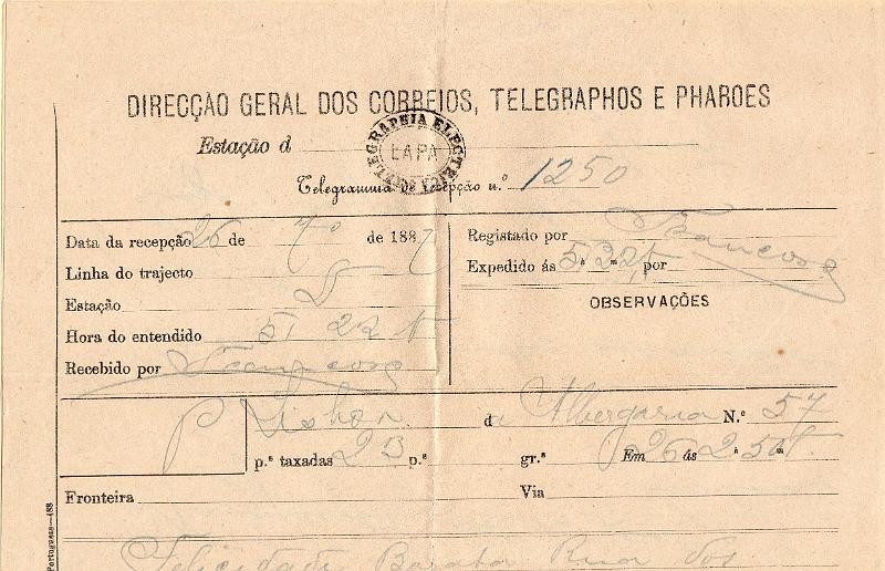0116.jpg -     Lote:    116      J. M. Castanheira da Silveira             Descrição:         Carimbos da telegrafia elétrica. Telegrama datado de 26.05.87 de Albergaria para Lisboa, obliterado com carimbo batido a preto "TELEGRAPHIA ELÉCTRICA / LAPA".         TLG       Valor Base:     &euro; 12,00     Valor Venda:     &euro;      