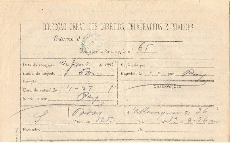 0117.jpg -     Lote:    117      J. M. Castanheira da Silveira             Descrição:         Carimbos da telegrafia elétrica. Telegrama datado de 14.01.85 de Faro para Loulé, obliterado com carimbo batido a azul "TELEGRAPHIA ELÉCTRICA / LOULÉ".         TLG       Valor Base:     &euro; 15,00     Valor Venda:     &euro;      