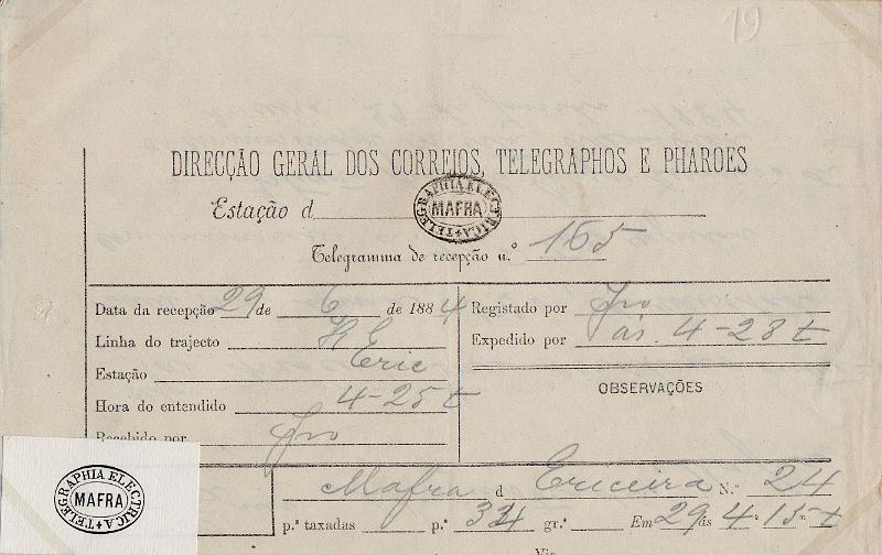 0118.jpg -     Lote:    118      J. M. Castanheira da Silveira             Descrição:         Carimbos da telegrafia elétrica. Telegrama datado de 29.06.84 de Ericeira para Mafra, obliterado com carimbo batido a preto "TELEGRAPHIA ELÉCTRICA / MAFRA". Acompanha carimbo desenhado por Eduardo Silva.        TLG       Valor Base:     &euro; 15,00     Valor Venda:     &euro;      