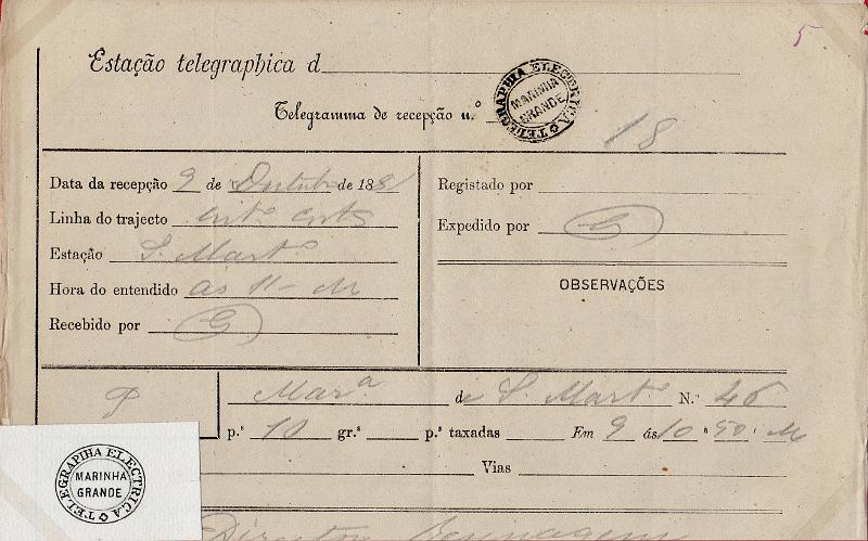 0119.jpg -     Lote:    119      J. M. Castanheira da Silveira             Descrição:         Carimbos da telegrafia elétrica. Telegrama datado de 09.10.81 de S. Martinho para Marinha Grande, obliterado com carimbo batido a preto "TELEGRAPHIA ELÉCTRICA / MARINHA GRANDE". Acompanha carimbo desenhado por Eduardo Silva.        TLG       Valor Base:     &euro; 15,00     Valor Venda:     &euro;      