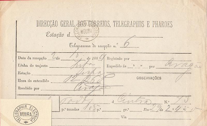 0120.jpg -     Lote:    120      J. M. Castanheira da Silveira             Descrição:         Carimbos da telegrafia elétrica. Telegrama datado de 02.10.84 de Sintra para Moura Grande, obliterado com carimbo batido a preto "TELEGRAPHIA ELÉCTRICA / MOURA". Acompanha carimbo desenhado por Eduardo Silva.        TLG       Valor Base:     &euro;      Valor Venda:     &euro;      