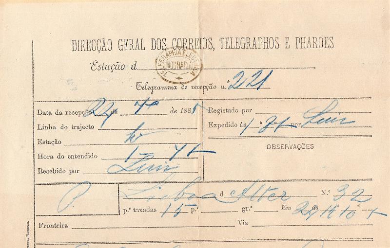 0121.jpg -     Lote:    121      J. M. Castanheira da Silveira             Descrição:         Carimbos da telegrafia elétrica. Telegrama datado de 24.09.85 de Alter para Lisboa, obliterado com carimbo batido a preto "TELEGRAPHIA ELÉCTRICA / MOURARIA". Acompanha sobrescrito.        TLG       Valor Base:     &euro; 12,00     Valor Venda:     &euro;      