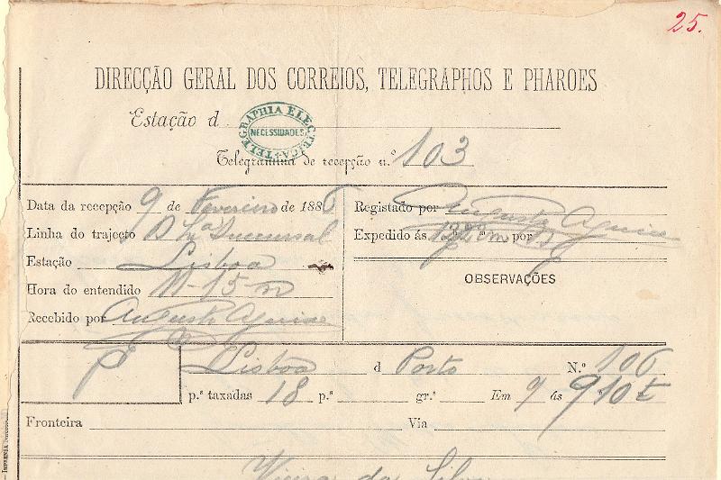 0122.jpg -     Lote:    122      J. M. Castanheira da Silveira             Descrição:         Carimbos da telegrafia elétrica. Telegrama datado de 09.02.86 do Porto para Lisboa, obliterado com carimbo batido a verde-azul "TELEGRAPHIA ELÉCTRICA / NECESSIDADES".        TLG       Valor Base:     &euro; 15,00     Valor Venda:     &euro;      