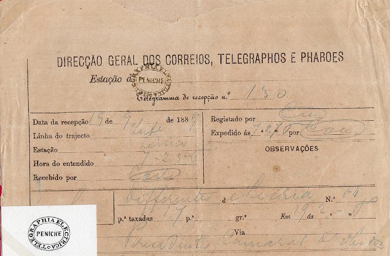0123.jpg -     Lote:    123      J. M. Castanheira da Silveira             Descrição:         Carimbos da telegrafia elétrica. Telegrama datado de 19.09.89 de Leiria para Peniche, obliterado com carimbo batido a preto "TELEGRAPHIA ELÉCTRICA / PENICHE". Acompanha carimbo desenhado por Eduardo Silva.        TLG       Valor Base:     &euro; 12,00     Valor Venda:     &euro;      