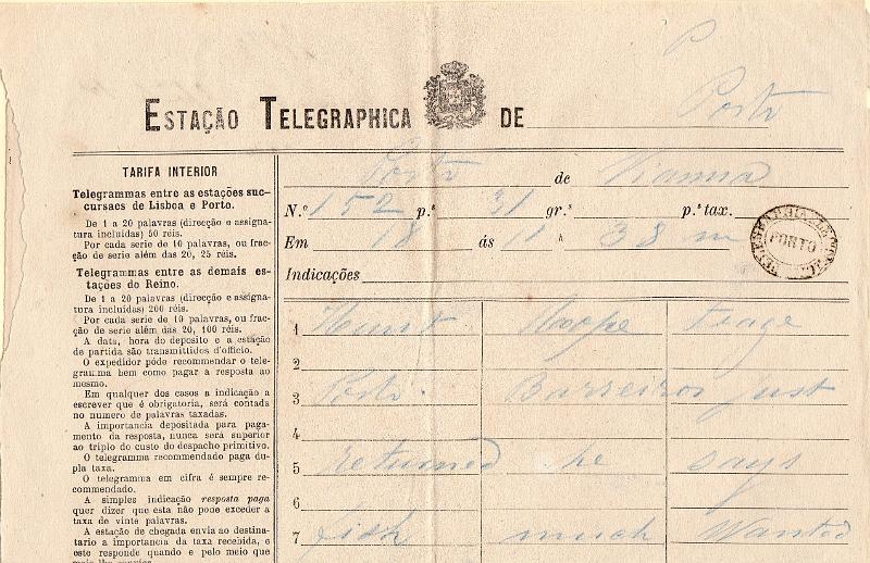 0124.jpg -     Lote:    124      J. M. Castanheira da Silveira             Descrição:         Carimbos da telegrafia elétrica. Telegrama de Viana do Castelo para o Porto, obliterado com carimbo batido a preto "TELEGRAPHIA ELÉCTRICA / PORTO".         TLG       Valor Base:     &euro; 15,00     Valor Venda:     &euro;      