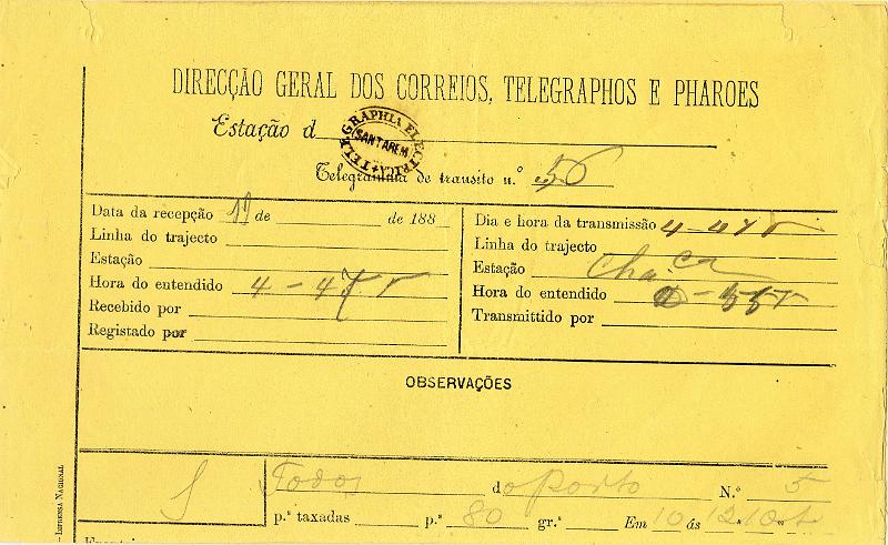 0125.jpg -     Lote:    125      J. M. Castanheira da Silveira             Descrição:         Carimbos da telegrafia elétrica. Telegrama datado de 09.07.87 da Charneca para Santarém, obliterado com carimbo batido a preto "TELEGRAPHIA ELÉCTRICA / SANTARÉM".         TLG       Valor Base:     &euro; 12,00     Valor Venda:     &euro;      