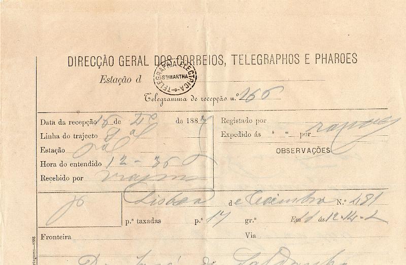 0126.jpg -     Lote:    126      J. M. Castanheira da Silveira             Descrição:         Carimbos da telegrafia elétrica. Telegrama datado de 16.04.87 de Coimbra para Lisboa, obliterado com carimbo batido a preto "TELEGRAPHIA ELÉCTRICA / ST.ª MARTHA".         TLG       Valor Base:     &euro; 8,00     Valor Venda:     &euro;      