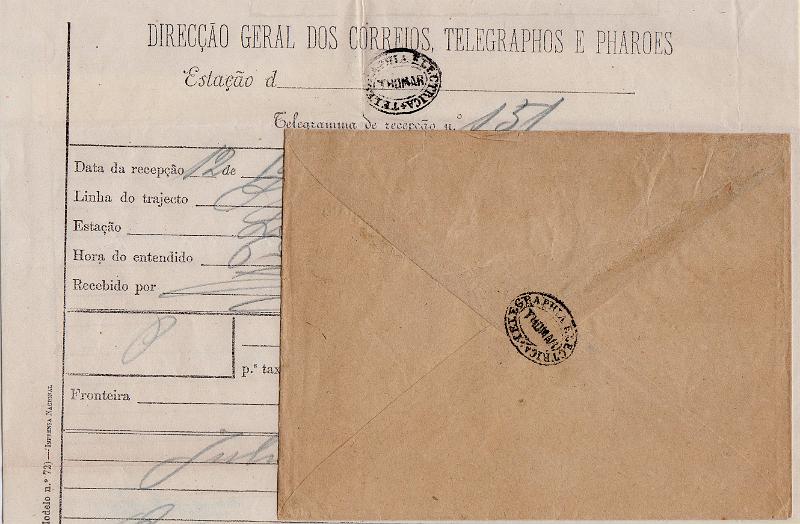 0127.jpg -     Lote:    127      J. M. Castanheira da Silveira             Descrição:         Carimbos da telegrafia elétrica. Telegrama datado de 12.10.85 de Lisboa para Tomar, obliterado com carimbo batido a preto "TELEGRAPHIA ELÉCTRICA / THOMAR". Acompanha sobrescrito com carimbo também batido a preto        TLG       Valor Base:     &euro; 20,00     Valor Venda:     &euro;      