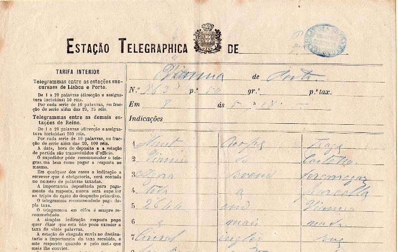 0129.jpg -     Lote:    129      J. M. Castanheira da Silveira             Descrição:         Carimbos da telegrafia elétrica. Telegrama do Porto para Viana do Castelo, obliterado com carimbo batido a azul "TELEGRAPHIA ELÉCTRICA / VIANNA DO / CASTELLO".         TLG       Valor Base:     &euro; 15,00     Valor Venda:     &euro;      