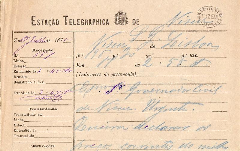0132.jpg -     Lote:    132      J. M. Castanheira da Silveira             Descrição:         Carimbos da telegrafia elétrica. Telegrama datado de 17.07.75 de Lisboa para Viseu, obliterado com carimbo batido a preto "TELEGRAPHIA ELÉCTRICA / VIZEU".         TLG       Valor Base:     &euro; 15,00     Valor Venda:     &euro;      
