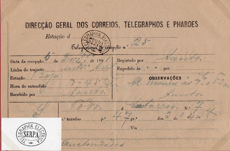 0133.jpg -     Lote:    133      J. M. Castanheira da Silveira             Descrição:         Carimbos da telegrafia elétrica. Telegrama datado de 05.12.91 de Santarém para Serpa, obliterado com carimbo batido a preto "TELEGRAPHIA ELÉCTRICA / SERPA". Acompanha carimbo desenhado por Eduardo Silva.        TLG       Valor Base:     &euro; 12,00     Valor Venda:     &euro;      