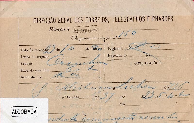 0134.jpg -     Lote:    134      J. M. Castanheira da Silveira             Descrição:         Carimbos da telegrafia elétrica. Telegrama datado de 23.10.90 de Lisboa para Alcobaça, obliterado com carimbo nominativo batido a preto "ALCOBAÇA". Acompanha carimbo desenhado por Eduardo Silva.        TLG       Valor Base:     &euro; 10,00     Valor Venda:     &euro;      