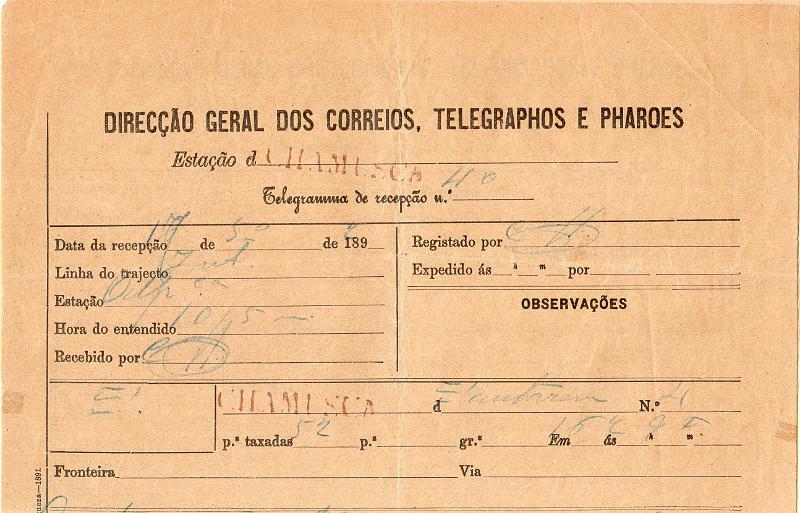 0135.jpg -     Lote:    135      J. M. Castanheira da Silveira             Descrição:         Carimbos da telegrafia elétrica. Telegrama datado de 07.05.94 de Santarém para a Chamusca, obliterado com carimbo nominativo batido a vermelho "CHAMUSCA".         TLG       Valor Base:     &euro; 15,00     Valor Venda:     &euro;      