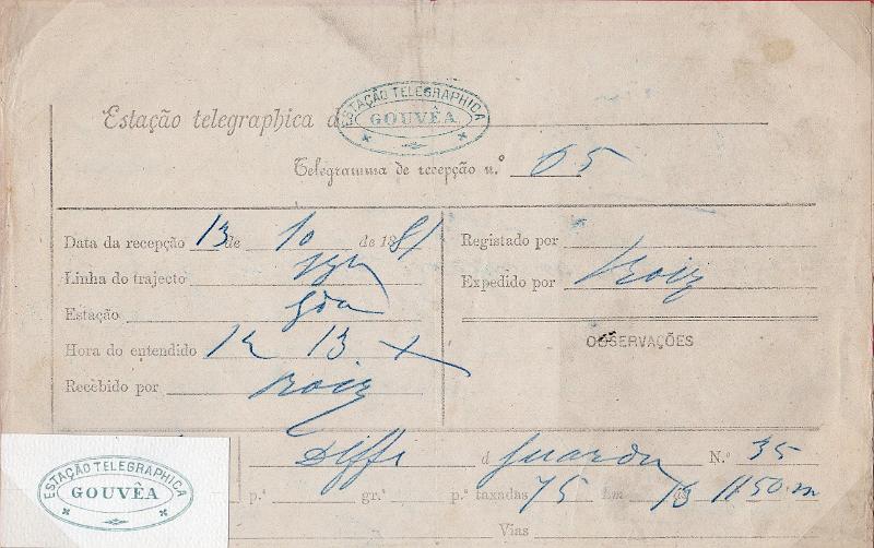 0137.jpg -     Lote:    137      J. M. Castanheira da Silveira             Descrição:         Carimbos da telegrafia elétrica. Telegrama datado de 13.10.81 da Guarda para Gouveia, obliterado com carimbo batido a azul "TELEGRAPHIA ELÉCTRICA / GOUVÊA". Acompanha carimbo desenhado por Eduardo Silva.        TLG       Valor Base:     &euro; 15,00     Valor Venda:     &euro;      