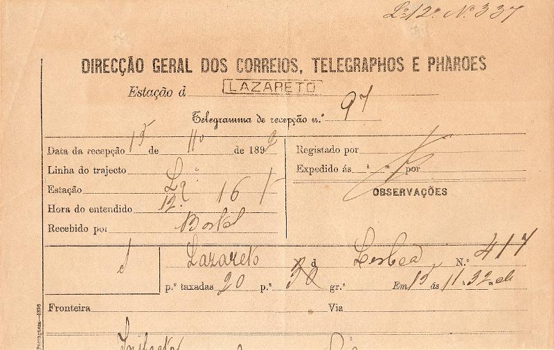 0139.jpg -     Lote:    139      J. M. Castanheira da Silveira             Descrição:         Carimbos da telegrafia elétrica. Telegrama datado de 05.11.92 de Lisboa para o Lazareto, obliterado com carimbo nominativo batido a preto "LAZARETO".         TLG       Valor Base:     &euro; 10,00     Valor Venda:     &euro;      