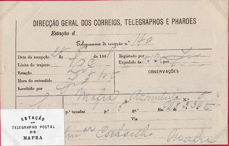 0141.jpg -     Lote:    141      J. M. Castanheira da Silveira             Descrição:         Carimbos da telegrafia elétrica. Telegrama datado de 28.05.88 da Azambuja para Mafra, obliterado com selo branco "ESTAÇÃO / TELEGRAPHO POSTAL / DE / MAFRA". Acompanha carimbo desenhado por Eduardo Silva.        TLG       Valor Base:     &euro; 12,00     Valor Venda:     &euro;      