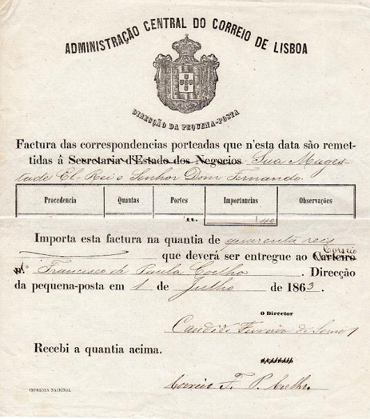 0142.jpg -     Lote:    142      J. M. Castanheira da Silveira             Descrição:         Fatura das correspondências porteadas da Direcção da Pequena Posta de Lisboa, datada de 01.07.1863, emitida em nome do Príncipe D. Fernando, marido da Rainha D. Maria II, então já falecida, tendo perdido o direito à isenção.        DOC       Valor Base:     &euro; 15,00     Valor Venda:     &euro;      