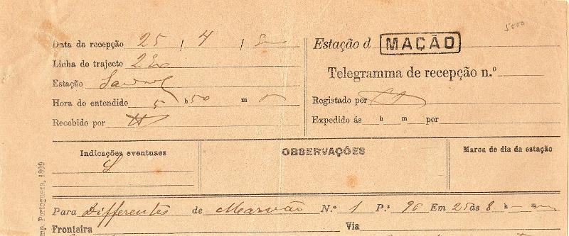 0144.jpg -     Lote:    144      J. M. Castanheira da Silveira             Descrição:         Carimbos da telegrafia elétrica. Telegrama datado de 25.04.90 de Marvão para Mação, obliterado com carimbo nominativo batido a preto "MAÇÃO".         TLG       Valor Base:     &euro; 10,00     Valor Venda:     &euro;      