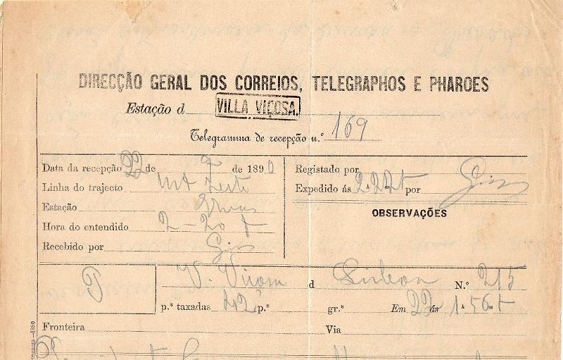 0145.jpg -     Lote:    145      J. M. Castanheira da Silveira             Descrição:         Carimbos da telegrafia elétrica. Telegrama datado de 22.07.90 de Lisboa para Via Viçosa, obliterado com carimbo nominativo batido a preto "VILLA VIÇOSA".         TLG       Valor Base:     &euro; 8,00     Valor Venda:     &euro;      