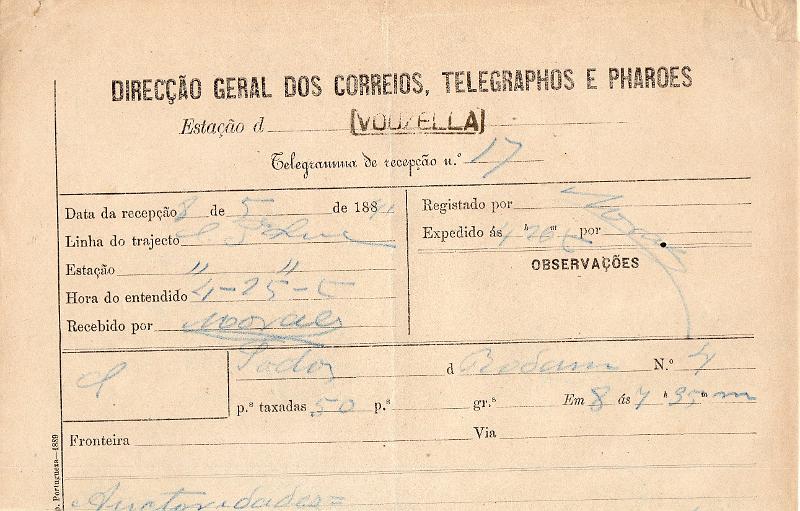 0146.jpg -     Lote:    146      J. M. Castanheira da Silveira             Descrição:         Carimbos da telegrafia elétrica. Telegrama datado de 08.05.87 de Vila Velha do Rodão para Vouzela, obliterado com carimbo nominativo batido a preto "VOUZELLA".         TLG       Valor Base:     &euro; 8,00     Valor Venda:     &euro;      