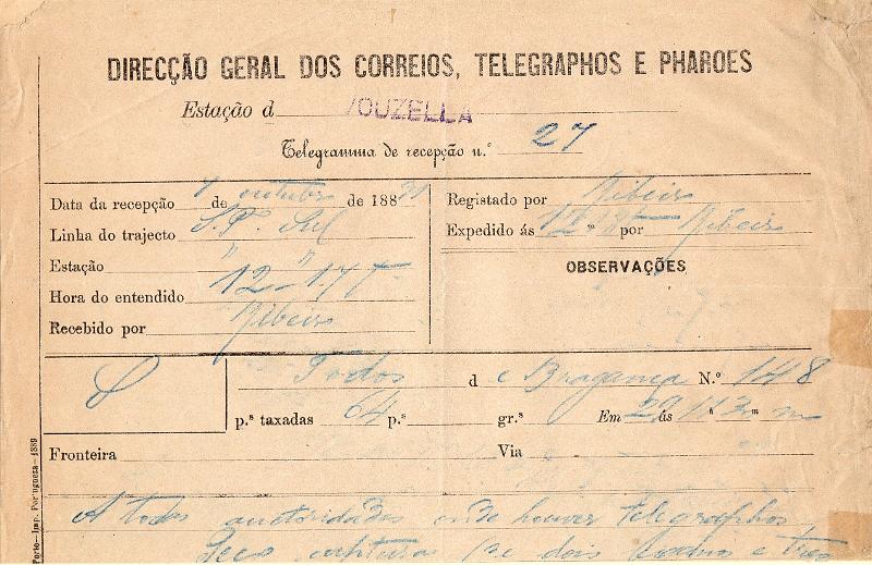 0147.jpg -     Lote:    147      J. M. Castanheira da Silveira             Descrição:         Carimbos da telegrafia elétrica. Telegrama datado de 07.10.90 de Bragança para Vouzela, obliterado com carimbo nominativo batido a violeta "VOUZELLA".         TLG       Valor Base:     &euro; 12,00     Valor Venda:     &euro;      