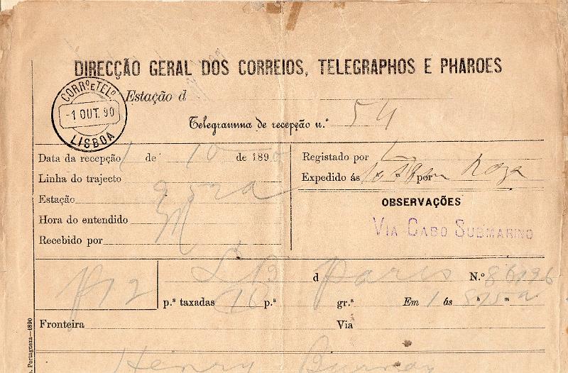 0148.jpg -     Lote:    148      J. M. Castanheira da Silveira             Descrição:         Carimbos da telegrafia elétrica. Lote com quatro telegramas, com distintas marcas: "VIA CABO SUBMARINO" a violeta; selo branco da "ESTAÇÃO TELEGRAPHICA / DO PORTO"; selo branco da "TELEGRAPHIA ELECTRICA / PRINCIPAL DE LISBOA"; "V. PARIS" a violeta.        Lote       Valor Base:     &euro; 8,00     Valor Venda:     &euro;      