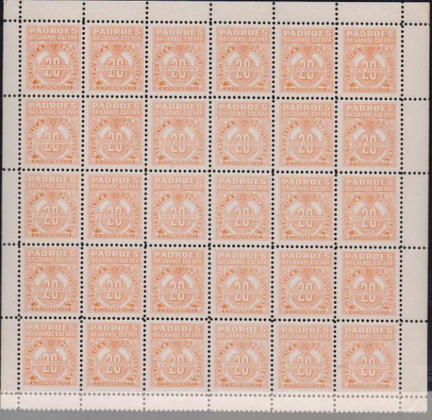 0261.jpg -     Lote:    261      J. M. Castanheira da Silveira             Descrição:         1925 &mdash; Porteado do imposto postal. Padrões da Grande Guerra. CE IP POR1, 20C laranja. Folha completa com 30 selos. Valor de catálogo &euro; 36,00        ***       Valor Base:     &euro; 8,00     Valor Venda:     &euro;      