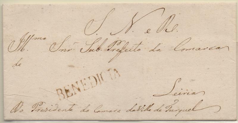 0281.jpg -     Lote:    281                   Descrição:         Benedita &mdash; A sépia, GM BND, em carta datada de 7 de Fevereiro de 1835 para Leiria, isenta de porte.        Carta       Valor Base:     &euro; 40,00     Valor Venda:     &euro;      