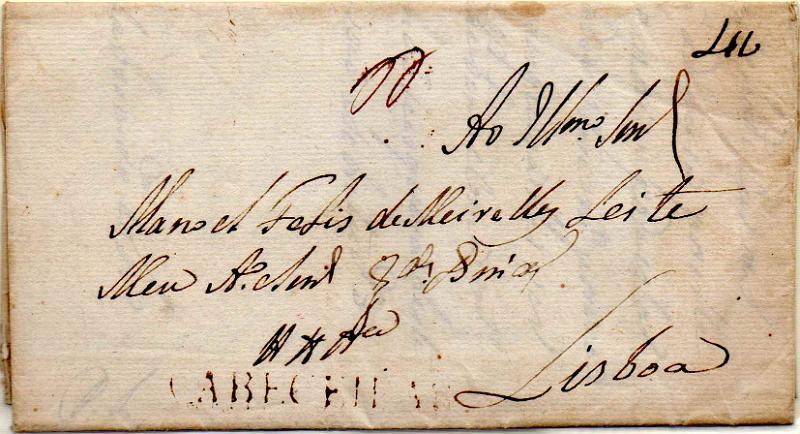 0284.jpg -     Lote:    284                   Descrição:         Cabeceiras &mdash; A sépia, GM CBC1, em carta datada de Cabeceiras (26.07.1818) para Lisboa, com o porte de 40 reis manuscrito a sépia.        Carta       Valor Base:     &euro; 30,00     Valor Venda:     &euro;      