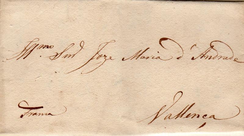 0285.jpg -     Lote:    285                   Descrição:         Caminha / Franca &mdash; Carta datada de Caminha 17/01/1839 para Valença sem porte, com a inscrição manuscrita "Franca". Provavelmente transportada pelos recoveiros que faziam a ligação de Caminha a Valença.        Carta       Valor Base:     &euro; 50,00     Valor Venda:     &euro;      