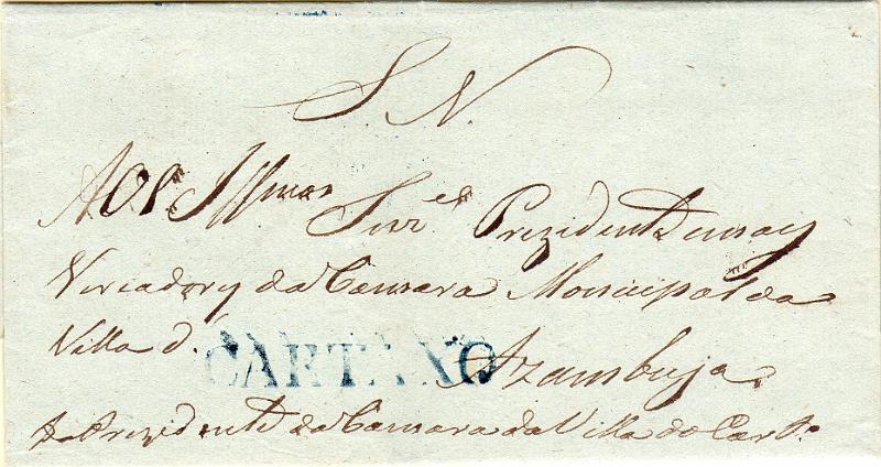 0286.jpg -     Lote:    286                   Descrição:         Cartaxo &mdash; A azul, GM ???? em carta datada do Cartaxo (10.05.43) para a Azambuja isenta de porte.        Carta       Valor Base:     &euro; 60,00     Valor Venda:     &euro;      