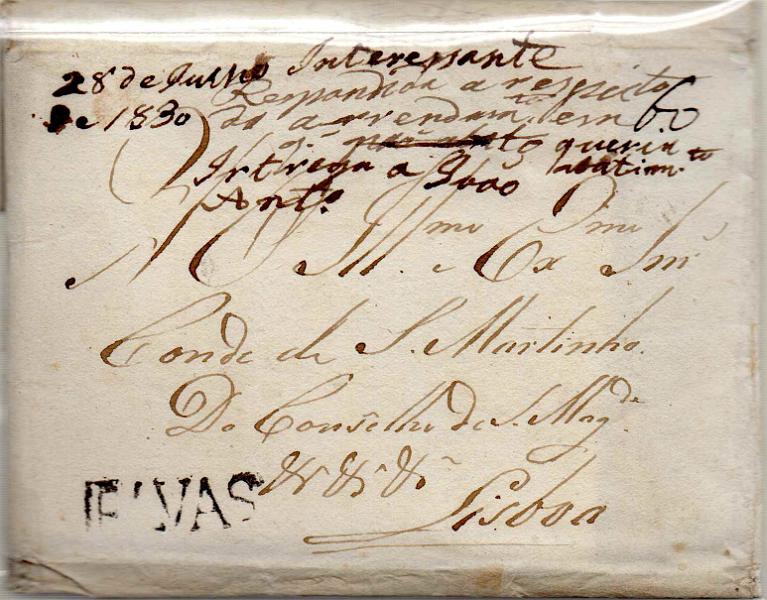 0288.jpg -     Lote:    288                   Descrição:         Elvas &mdash; A preto. Não catalogado * ELV2 com "E" grosso, em carta circulada de Elvas (28.07.30) para Lisboa, com o porte de 60 reis manuscrito a sépia.        Carta       Valor Base:     &euro; 50,00     Valor Venda:     &euro;      