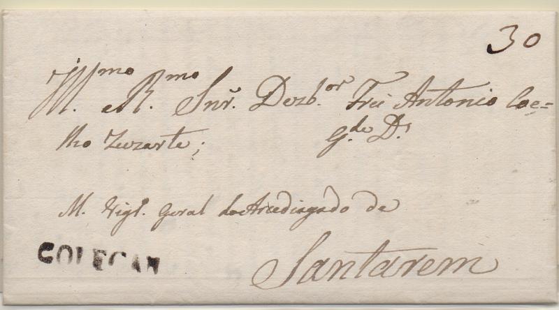 0292.jpg -     Lote:    292                   Descrição:         Golegan &mdash; A sépia, GM GLG2 em carta datada da Golegã (03.11.1824) para Santarém, com o porte de 30 reis manuscrito a sépia. Data mais antiga conhecida desta marca.        Carta       Valor Base:     &euro; 30,00     Valor Venda:     &euro;      