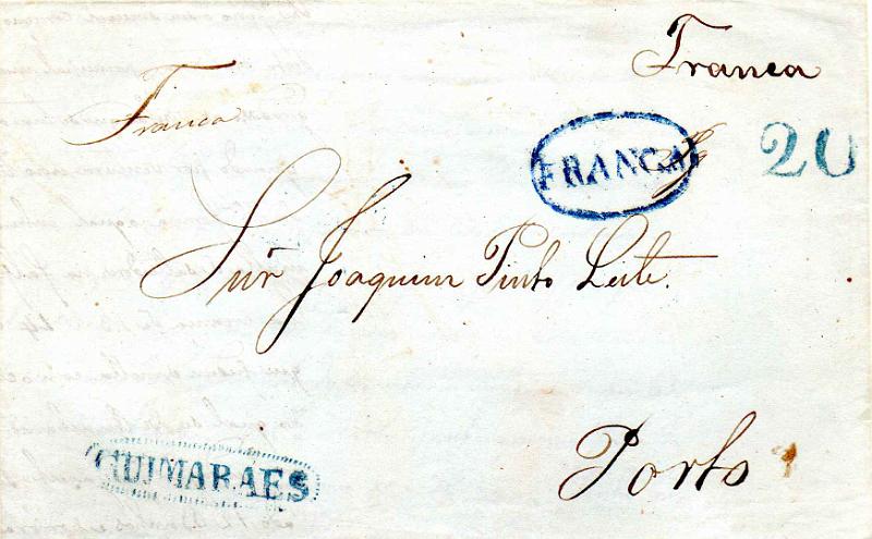 0293.jpg -     Lote:    293                   Descrição:         Guimarães / Porto / Porte Pago &mdash; A azul GM PRT PP3 + Franca manuscrito a sépia em carta datada de Guimarães (06.08.46) para o Porto, com o porte pago de 20 reis batido a azul.        Carta       Valor Base:     &euro; 40,00     Valor Venda:     &euro;      