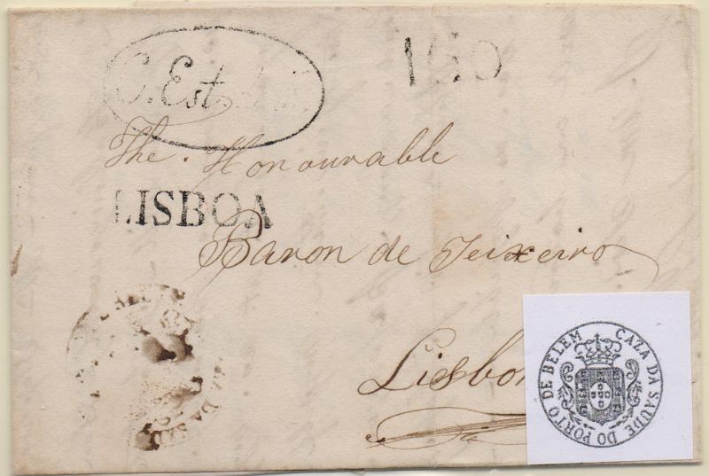 0296.jpg -     Lote:    296                   Descrição:         Lisboa / Casa de Saúde do Porto de Belém &mdash; A sépia em carta remetida de Belém * Brasil (27.04.1820) para Lisboa com o porte batido a preto de 160 reis + marcas GM LSB2 e GM LSB CEst1, todas a preto. B e MR.        Carta       Valor Base:     &euro; 200,00     Valor Venda:     &euro;      