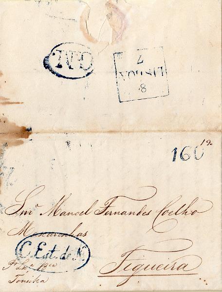 0299.jpg -     Lote:    299                   Descrição:         Lisboa / GM / C Est. de N &mdash; A azul, GM LSB20, LSB CEst1 e LSB DIV5, em carta datada do Rio de Janeiro (19.05.35) para a Figueira, com trânsito por Lisboa (08.07.35), com o porte de 160 reis batido a azul + 30 reis manuscrito pelo porte territorial. MB.        Carta       Valor Base:     &euro; 30,00     Valor Venda:     &euro;      