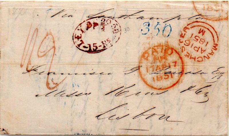 0301.jpg -     Lote:    301                   Descrição:         Lisboa / Lei do Selo &mdash; A violeta, GM LSB I5 em carta datada de Manchester (16.04.1851) para Lisboa, com o porte português de 350 reis + 15 reis de imposto postal e porte inglês de 1/9.        Carta       Valor Base:     &euro; 30,00     Valor Venda:     &euro;      