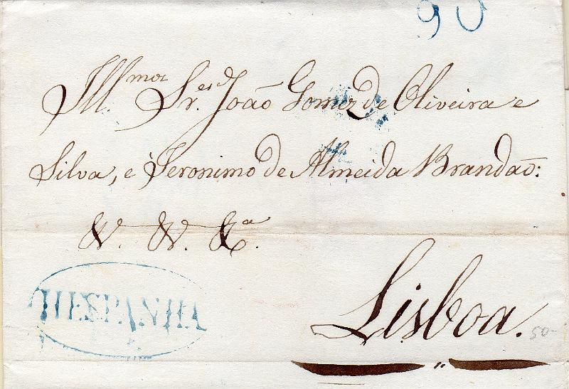 0303.jpg -     Lote:    303                   Descrição:         Hespanha / Lisboa &mdash; A azul, GM LSB-OE3 em carta datada de Mairis (13.06.37) para Lisboa com o porte de 90 reis batido a azul.        Carta       Valor Base:     &euro; 15,00     Valor Venda:     &euro;      