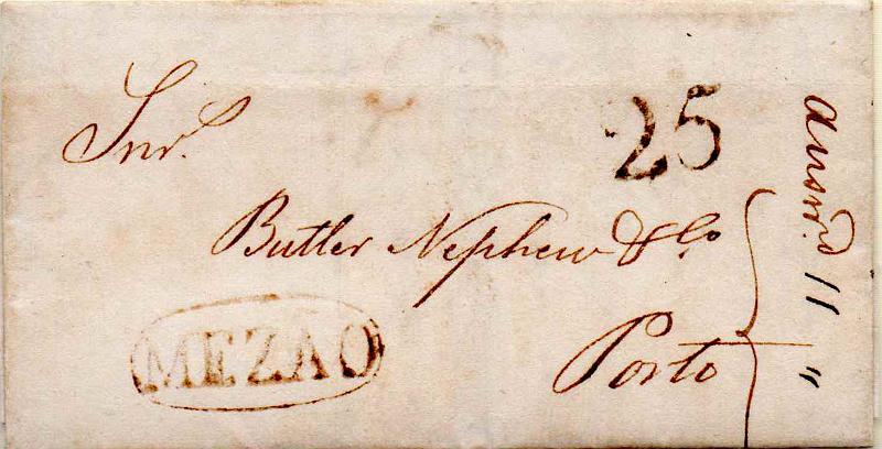 0307.jpg -     Lote:    307                   Descrição:         Mezão &mdash; A sépia, GM MSF2 em carta datada da Régua (05.04.35) para o Porto, com o porte de 25 reis batido a sépia.        Carta       Valor Base:     &euro; 20,00     Valor Venda:     &euro;      