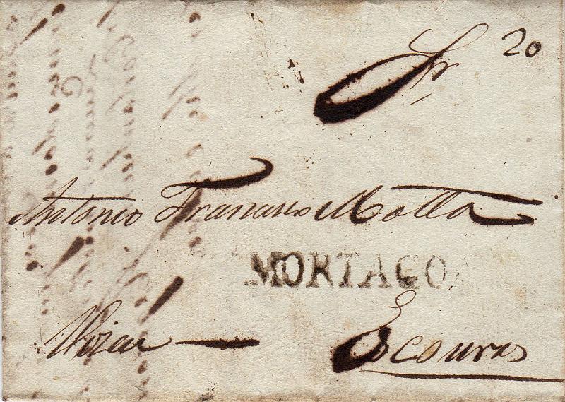 0308.jpg -     Lote:    308                   Descrição:         Mortágua &mdash; A sépia, GM MRT1 em carta datada de Vale de Remígio (23.10.35) para Viseu com o porte de 20 reis manuscrito a sépia.        Carta       Valor Base:     &euro; 25,00     Valor Venda:     &euro;      