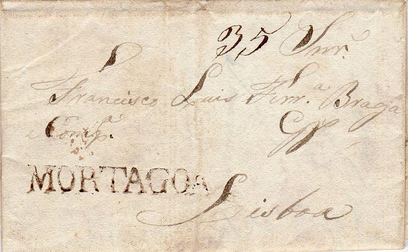 0309.jpg -     Lote:    309                   Descrição:         Mortágua &mdash; A sépia. Marca NÃO CATALOGADA", "T" diferente. Circulada de Vila Meã em 26.03.33 para Lisboa com o porte de 35 reis manuscrito a sépia. B.        Carta       Valor Base:     &euro; 50,00     Valor Venda:     &euro;      