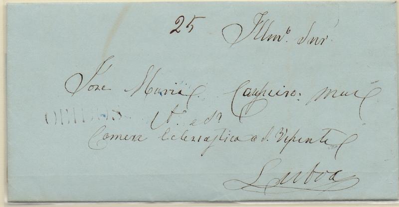 0310.jpg -     Lote:    310                   Descrição:         Óbidos &mdash; A sépia, GM OBD1 em carta datada de Baraçais (22.07.40) para Lisboa, com o porte manuscrito de 25 reis.        Carta       Valor Base:     &euro; 40,00     Valor Venda:     &euro;      