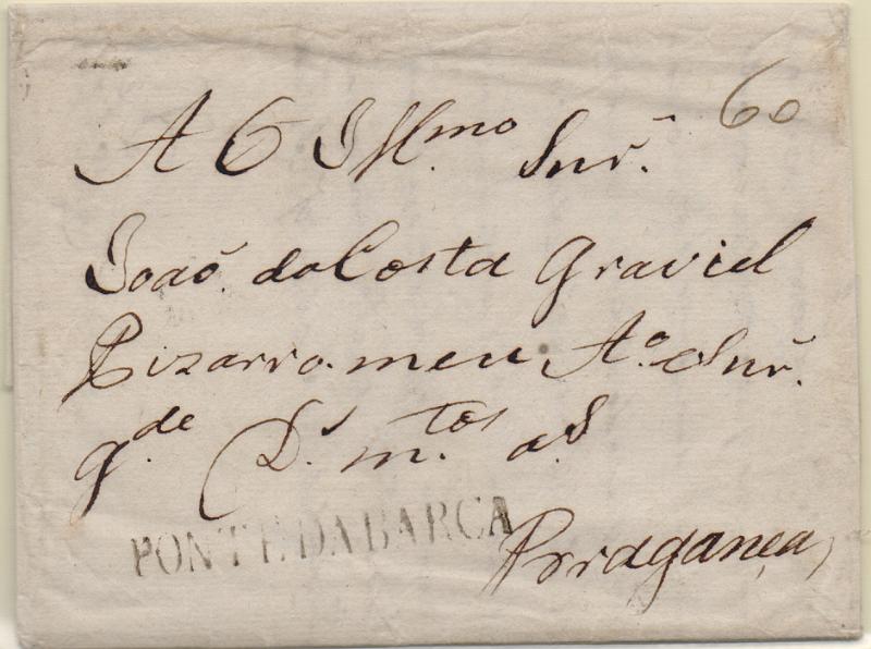 0312.jpg -     Lote:    312                   Descrição:         Ponte da Barca &mdash; A preto, GM PTB1 em carta datada de Ponte da Barca em 1806 para Bragança, com o porte manuscrito de 60 reis.        Carta       Valor Base:     &euro; 30,00     Valor Venda:     &euro;      