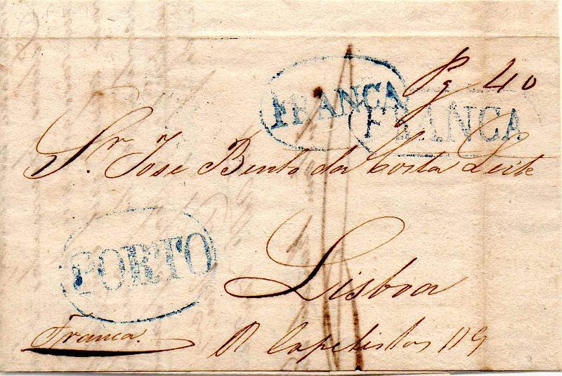 0317.jpg -     Lote:    317                   Descrição:         Porto / Lisboa / Porte Pago &mdash; A azul, GM PRT PP2 e LSB PP4 em carta datada do Porto (13.07.41) para Lisboa, com o porte pago de 40 reis manuscrito a sépia.        Carta       Valor Base:     &euro; 30,00     Valor Venda:     &euro;      
