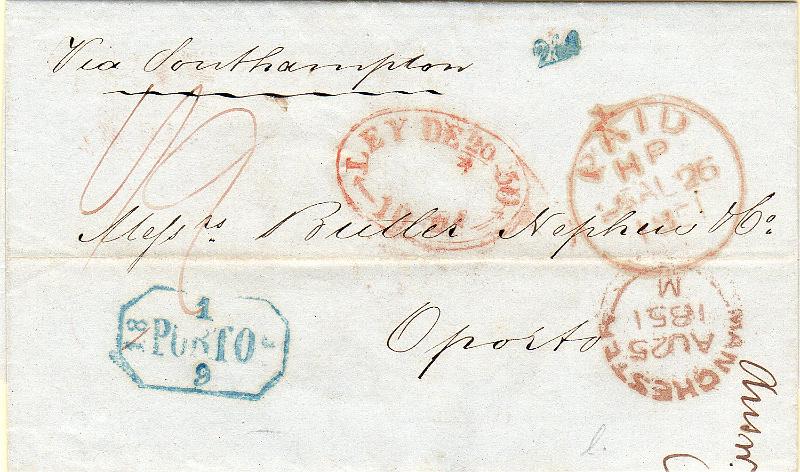 0323.jpg -     Lote:    323                   Descrição:         Porto + Ley do Selo &mdash; A azul e vermelho &mdash; GM PRT18 + GM Ib em carta datada de Manchester (25.08.51) para o Porto (01.09.51) com o porte batido a azul de 240 reis + selo fixo do imposto postal de 10 reis.        Carta       Valor Base:     &euro; 20,00     Valor Venda:     &euro;      