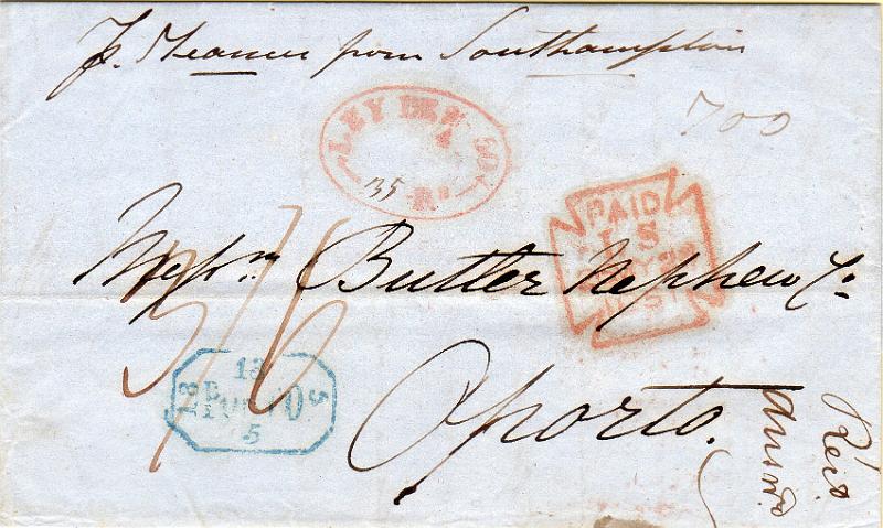 0324.jpg -     Lote:    324                   Descrição:         Porto + Ley do Selo &mdash; A azul e vermelho &mdash; GM PRT19 + GM Ig em carta datada de Londres (26.05.51) para o Porto (13.05.51- erro de datador) com o porte manuscrito a sépia de 700 reis + selo fixo do imposto postal de 35 reis, com valor manuscrito a sépia.        Carta       Valor Base:     &euro; 25,00     Valor Venda:     &euro;      