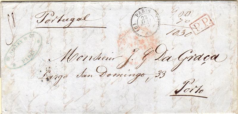 0326.jpg -     Lote:    326                   Descrição:         Correio do estrangeiro. Carta remetida de Paris (23.05.46) para o Porto (06.06.46) com trânsito por Lisboa (02.06.46). Porteada à chegada com 900 reis + 70 reis de porte interno, manuscritos a sépia.        Carta       Valor Base:     &euro; 12,00     Valor Venda:     &euro;      